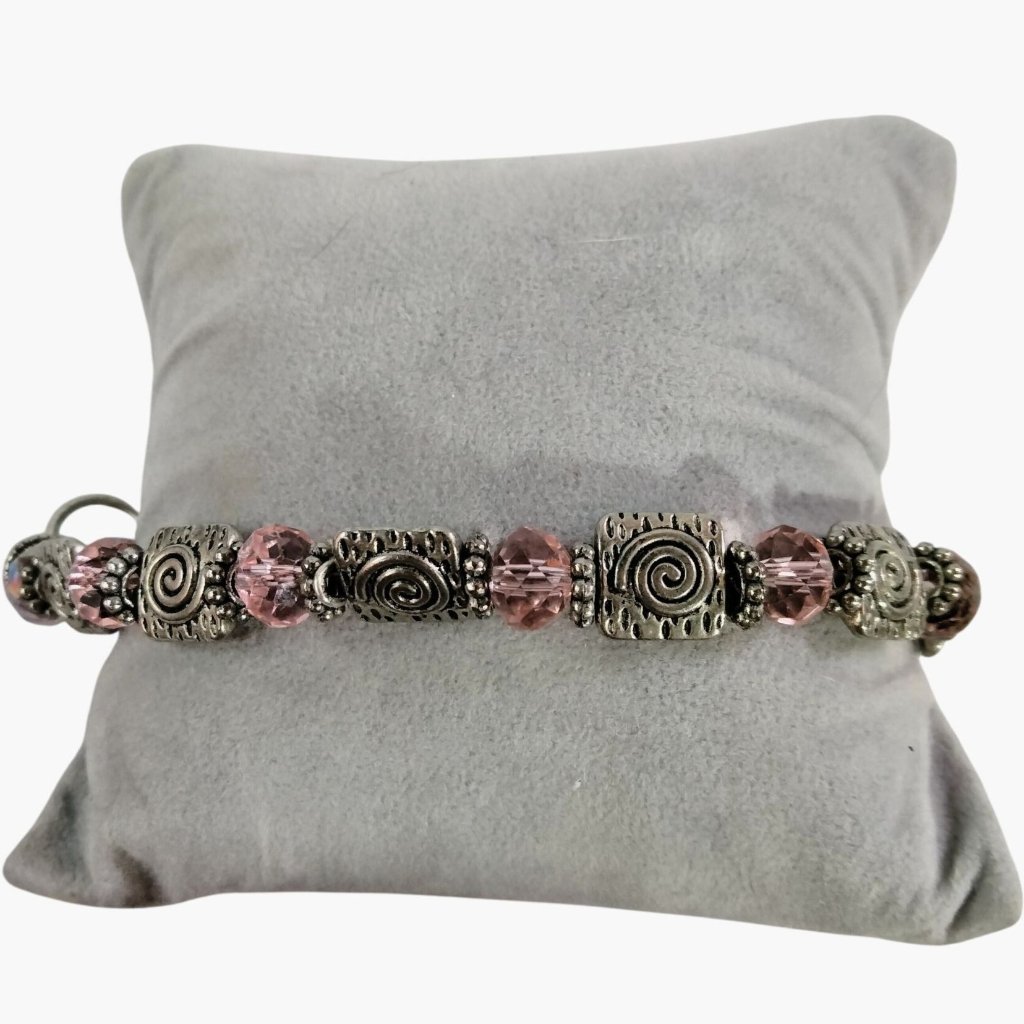 Handcrafted Silver Tone Pink Beaded Bracelet Swirl Design Toggle Clasp 7 Inch 25$